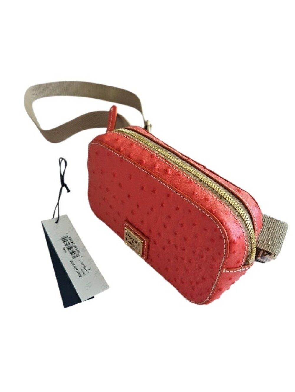 NWT Dooney & Bourke Coral Ostrich Leather Belt & Crossbody  Bag with Tan Strap - Picture 7 of 13